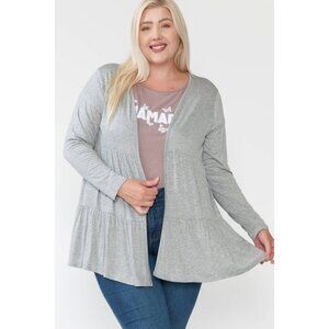 Plus Size Gray Open Front Long Sleeve Tiered Cardigan For Women 1X